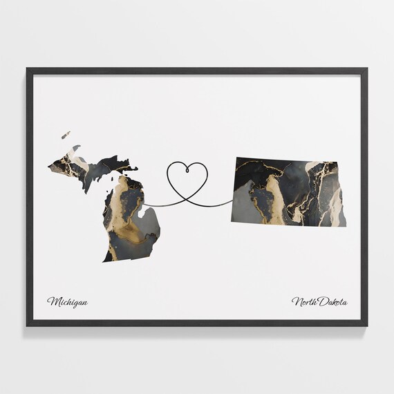 Michigan North Dakota Long Distance Love Black Gold Marble Map Poster