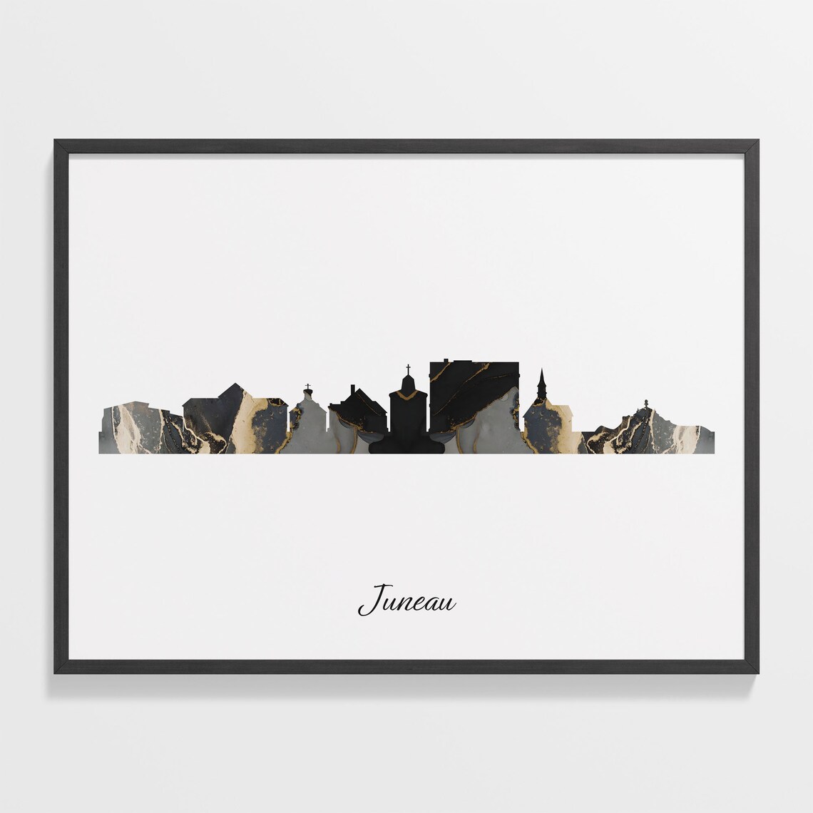 Juneau Alaska USA Black Gold Marble Skyline Silhouette City Print