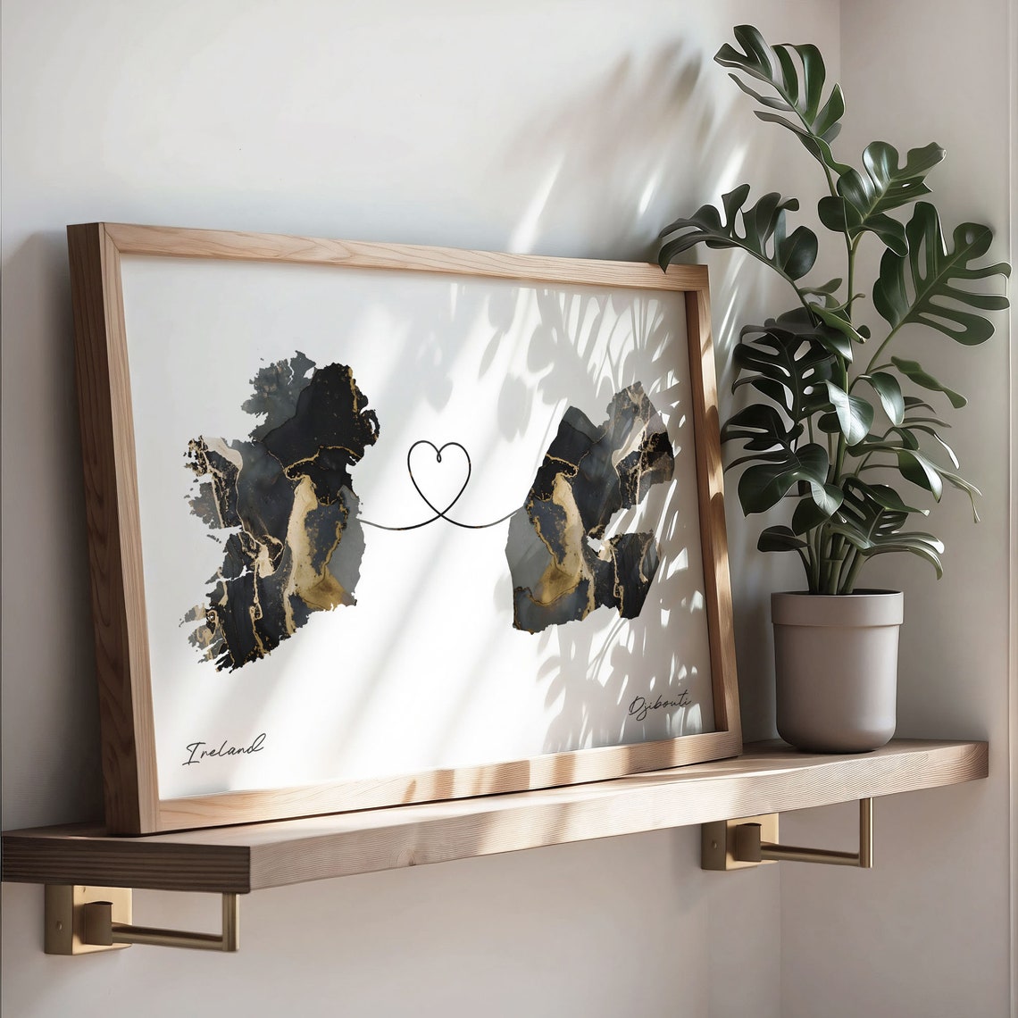 Ireland and Djibouti Black Gold Marble Map Heart Connection Poster - Image 3
