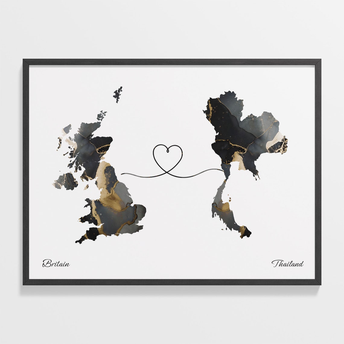 Britain and Thailand Heart Connection Black and Gold Marble Poster