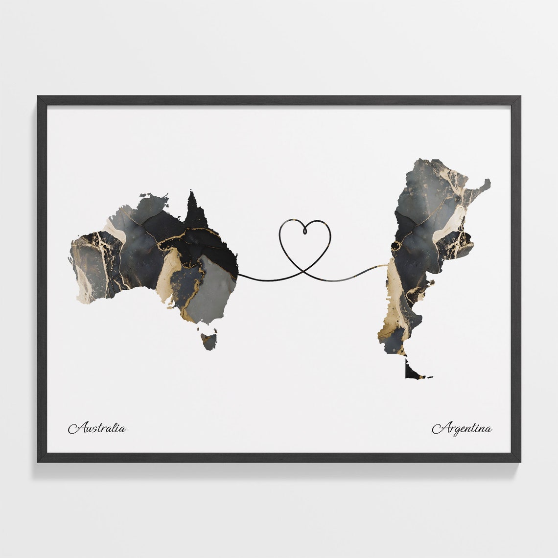 Australia and Argentina Black Marble Heart Connection Map Poster
