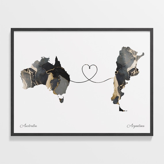Australia and Argentina Black Marble Heart Connection Map Poster