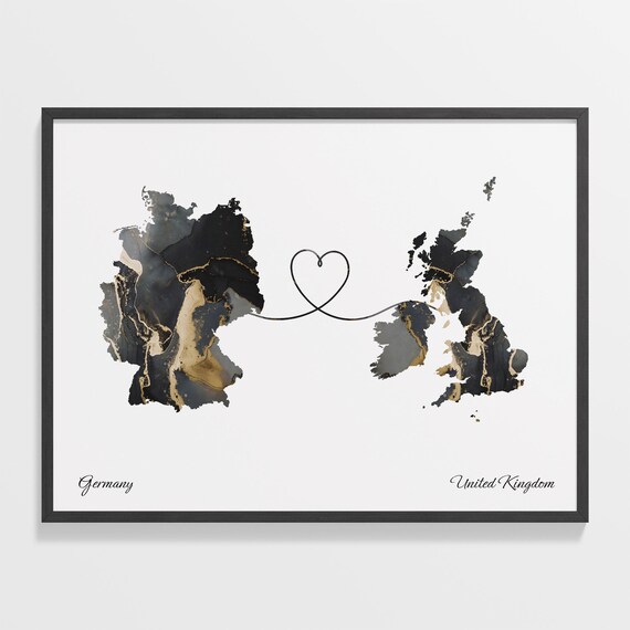 Germany To United Kingdom Black Gold Marble Long Distance Heart Map Poster