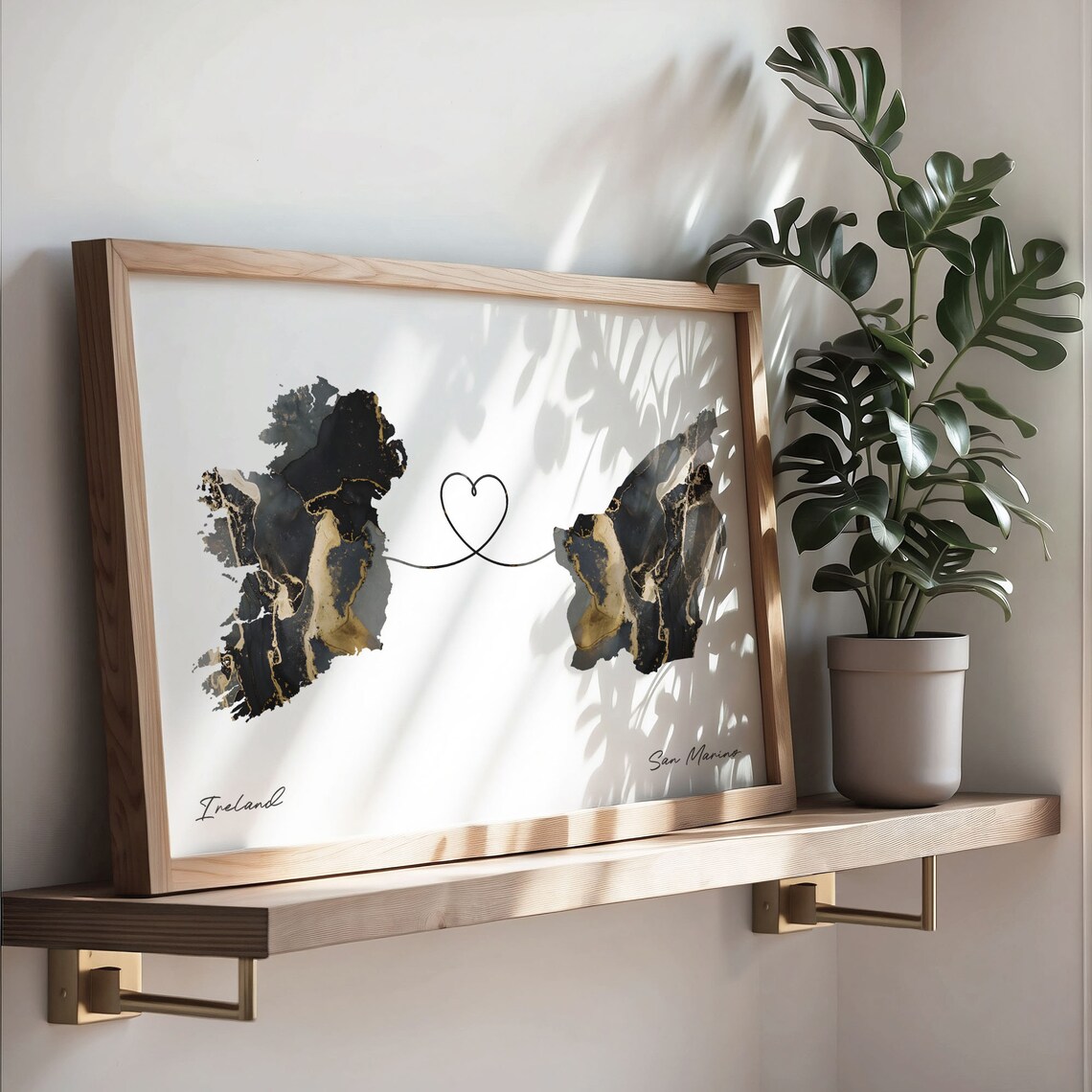 Ireland To San Marino Elegant Black Marble Two Country Heart Map Poster - Image 3