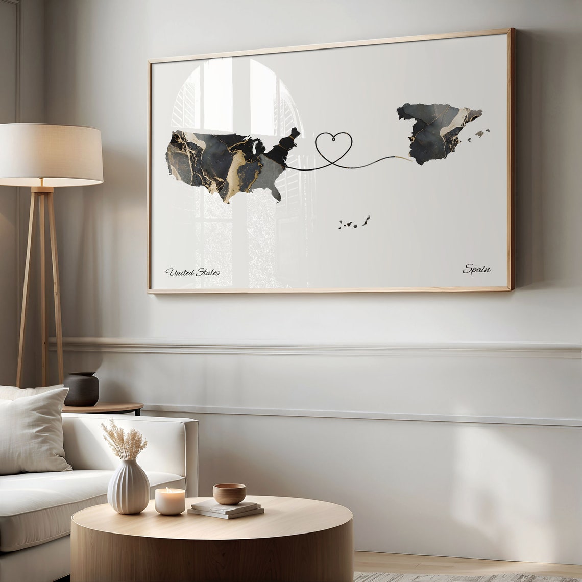 United States to Spain Heart Connected Long Distance Marble Map Poster - Image 2