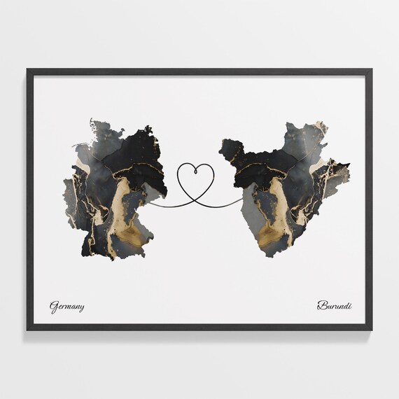 Germany and Burundi Marble Heart Connected Countries Map Poster