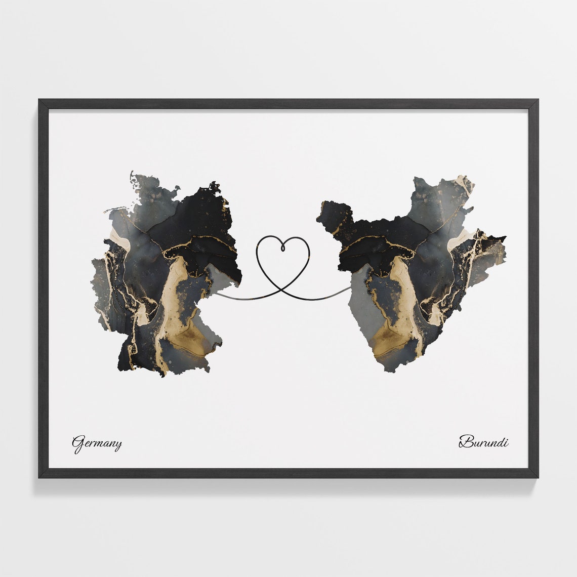 Germany and Burundi Marble Heart Connected Countries Map Poster