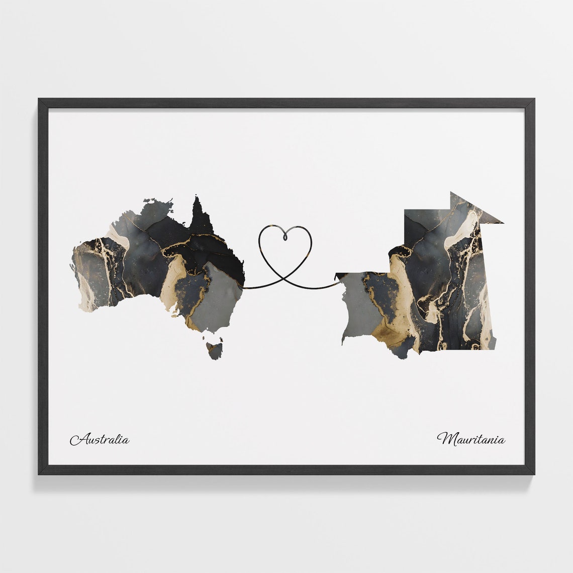 Australia Mauritania Marble Two Countries Heart Connection Art Poster