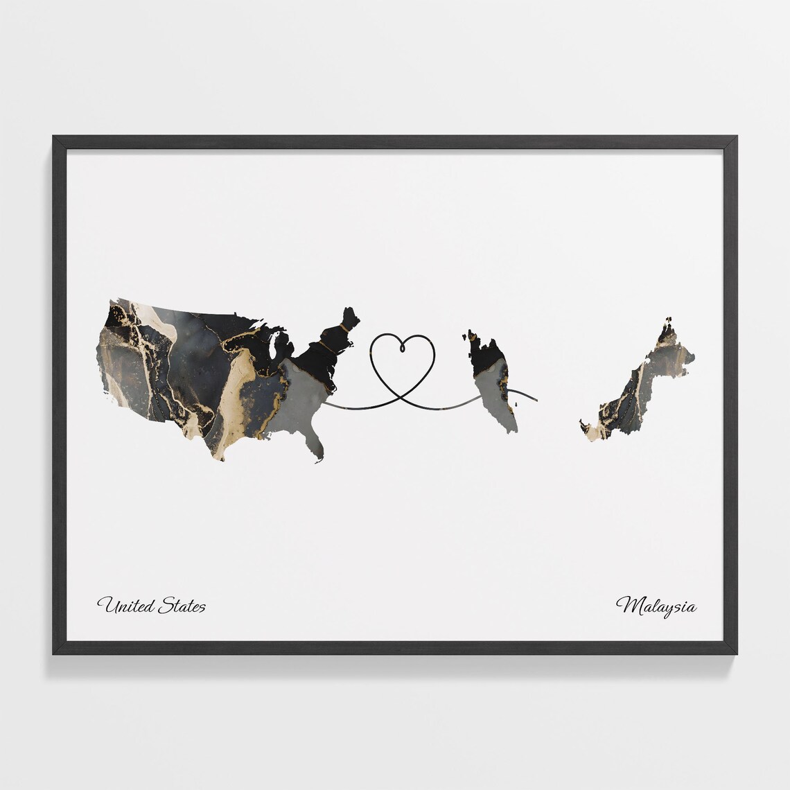 United States and Malaysia Black Marble Heart Connection Map Poster