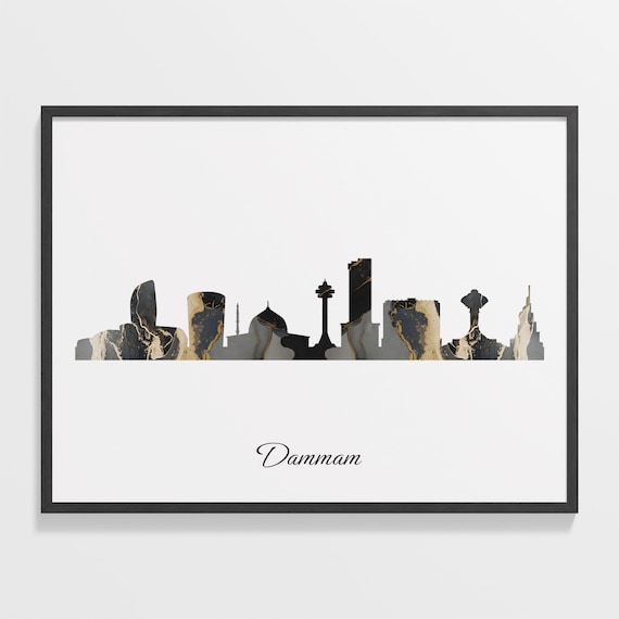 Dammam Saudi Arabia Black Gold Marble Skyline Silhouette Poster