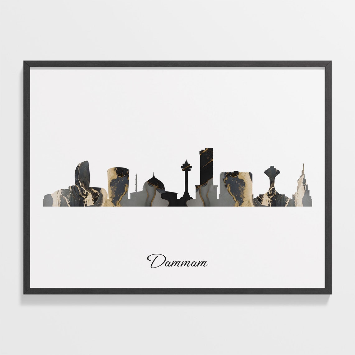 Dammam Saudi Arabia Black Gold Marble Skyline Silhouette Poster