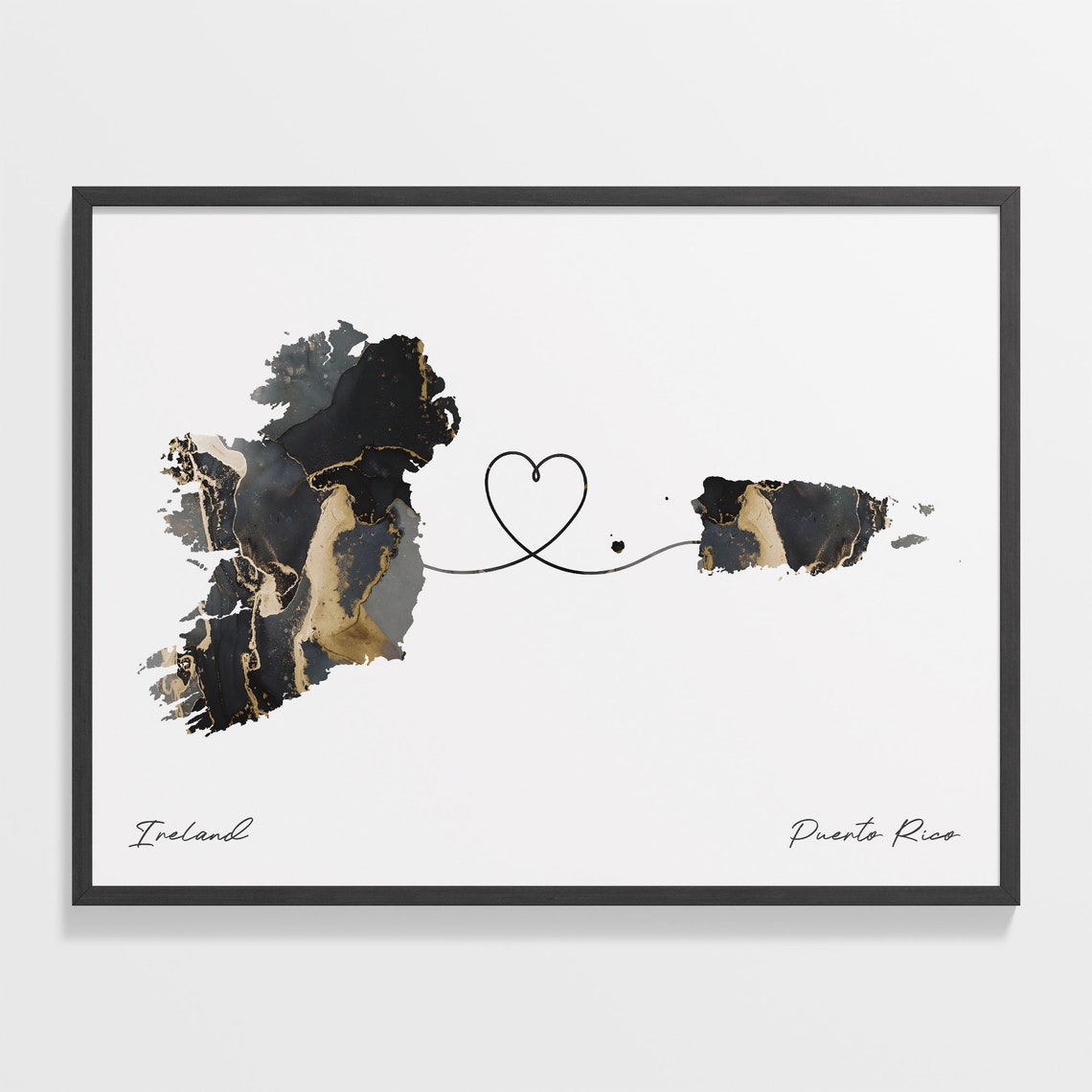Ireland and Puerto Rico Black and Gold Marble Two Countries Map Poster