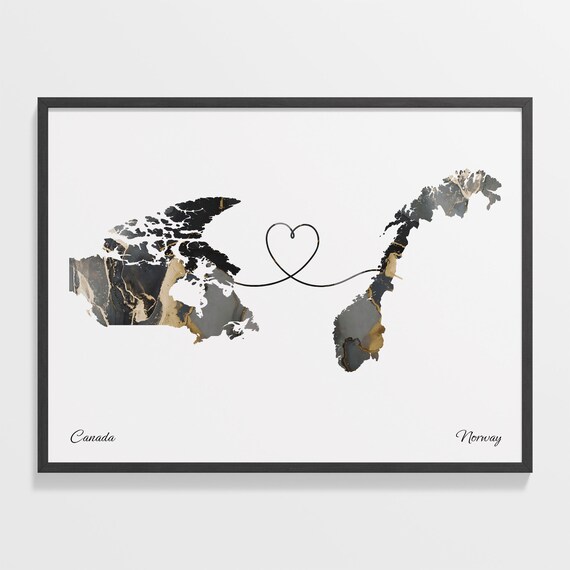 Canada to Norway Black and Gold Marble Two Country Map Poster