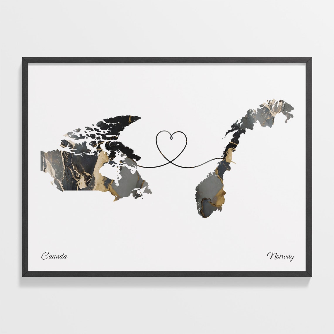 Canada to Norway Black and Gold Marble Two Country Map Poster