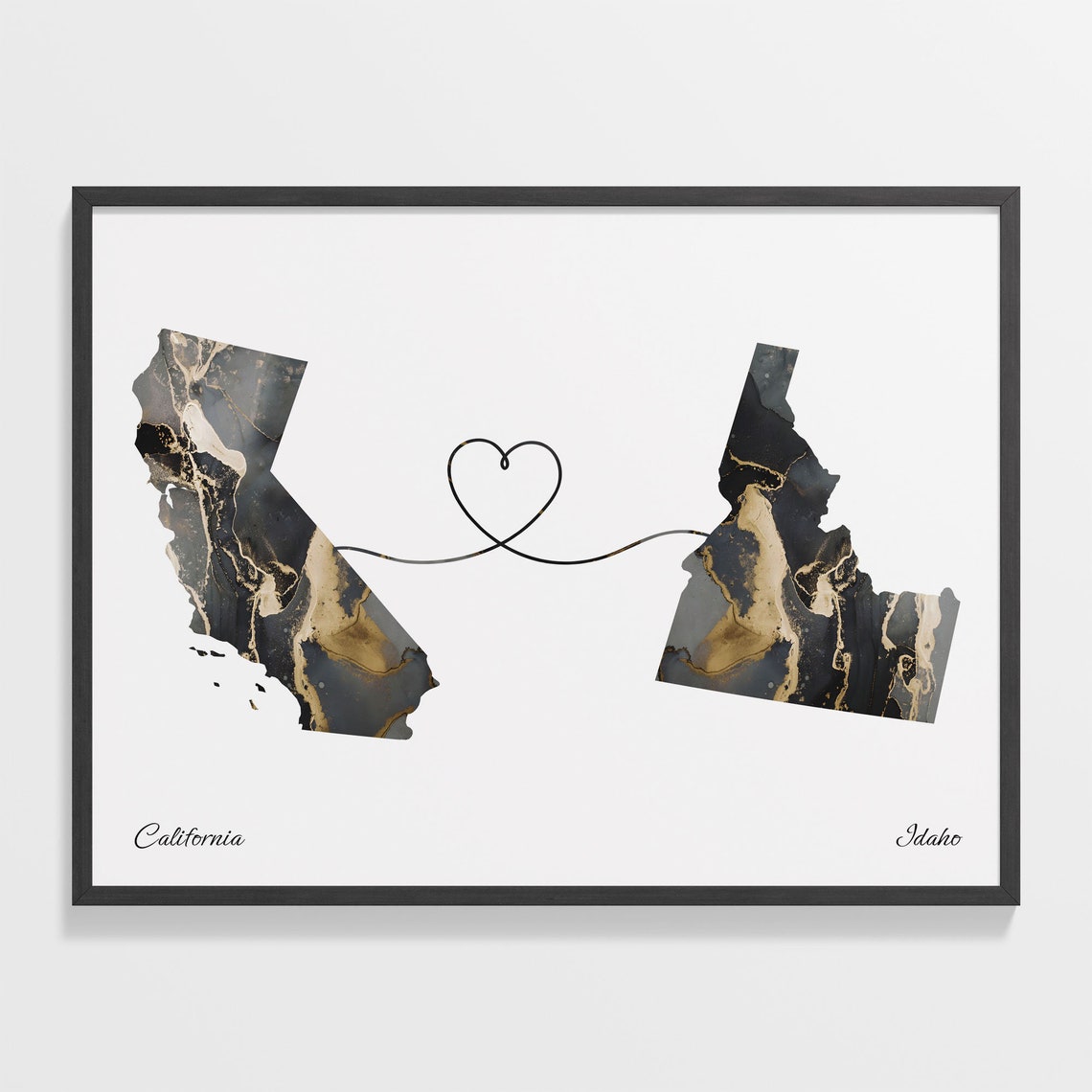California and Idaho Black and Gold Marble Two States Map Poster