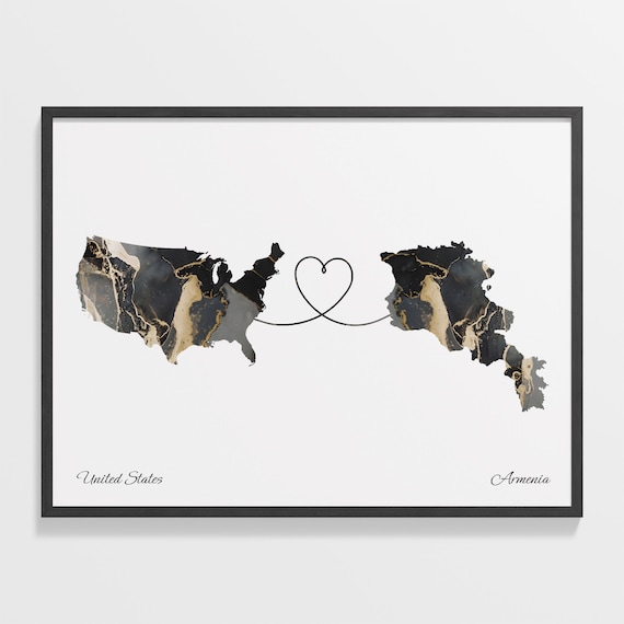 United States and Armenia Black Marble Heart Connection Map Poster