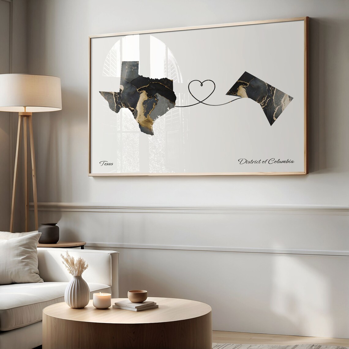 Texas and District of Columbia Black Gold Marble Map Heart Connection Poster - Image 2