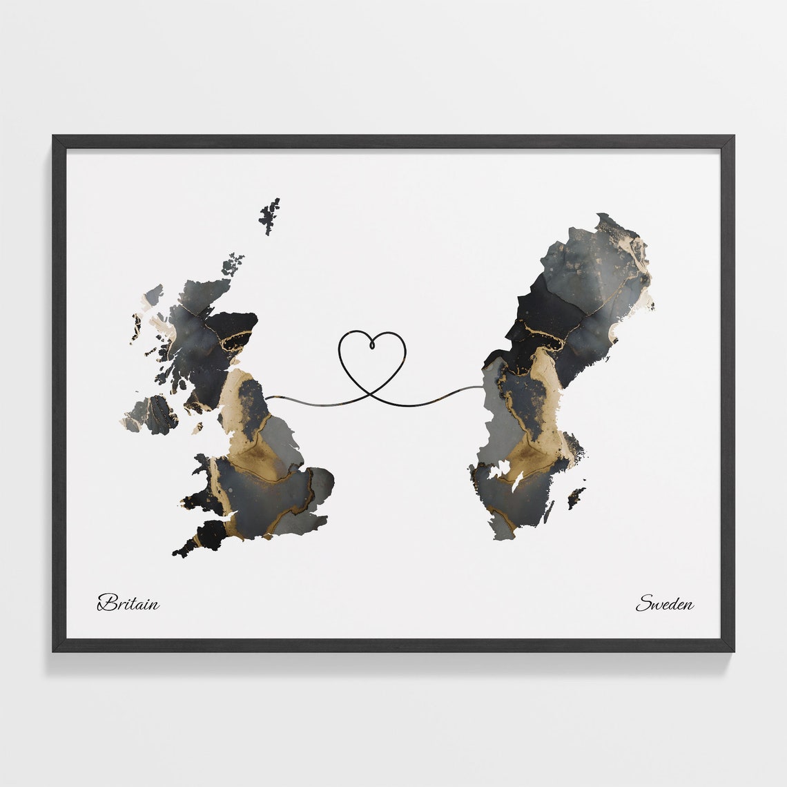 Britain To Sweden Long Distance Marble Map Heart Print Gift Art