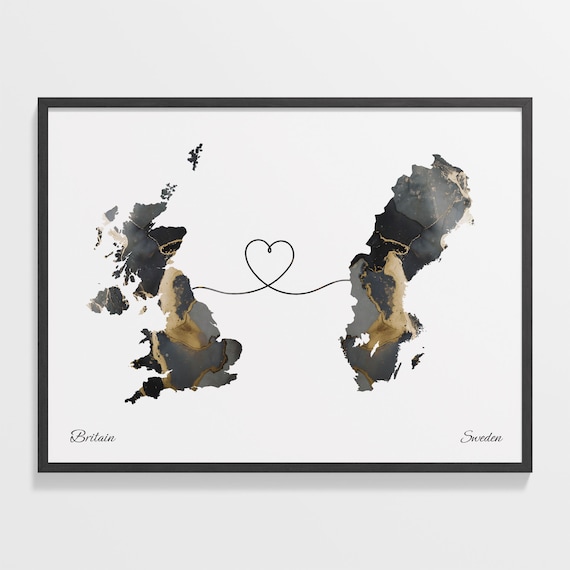 Britain To Sweden Long Distance Marble Map Heart Print Gift Art