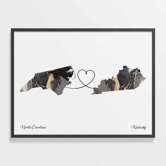 North Carolina to Kentucky Black Marble State Map Long Distance Love Poster