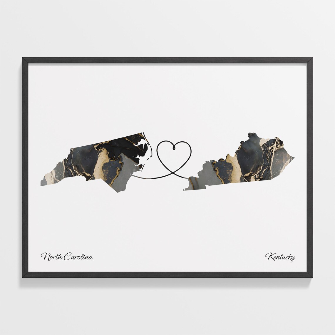 North Carolina to Kentucky Black Marble State Map Long Distance Love Poster