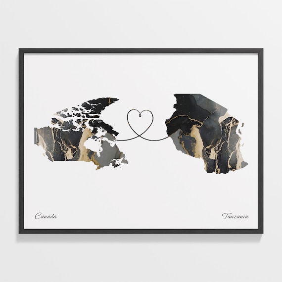 Canada and Tanzania Black Gold Marble Heart Connection Map Poster