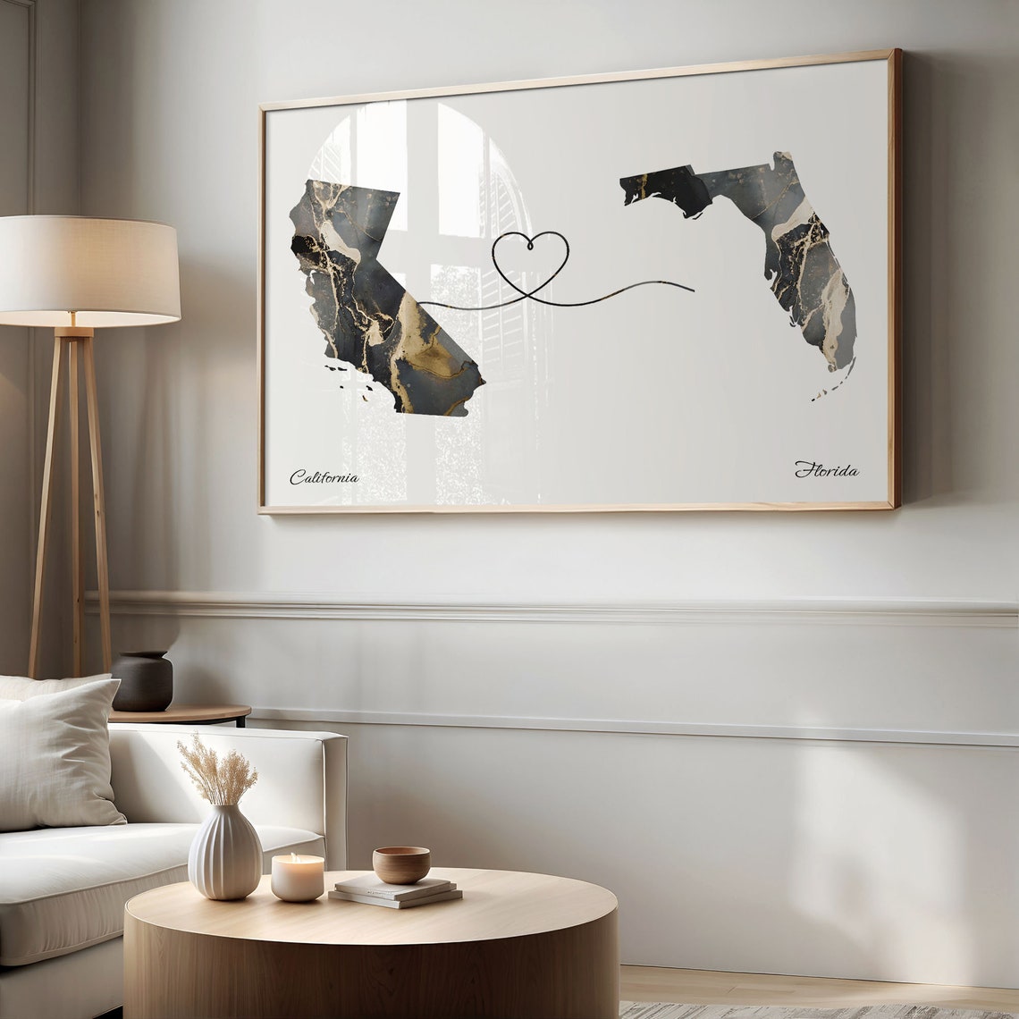 California and Florida Marble Map Heart Long Distance Poster - Image 2