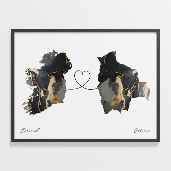 Ireland and Bolivia Black Gold Marble Map Heart Connection Poster