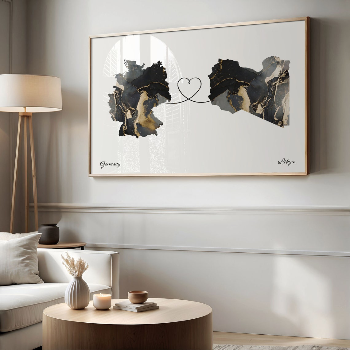 Germany to Libya Black Gold Marble Heart Map Art Wall Poster - Image 2