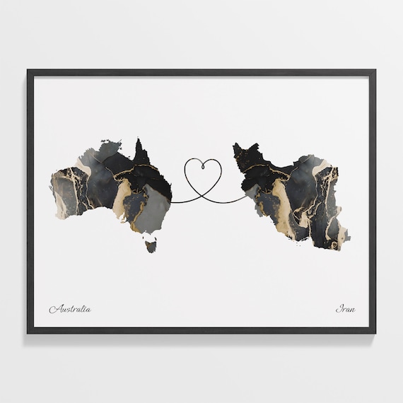 Australia to Iran Black and Gold Marble Two Country Map Poster