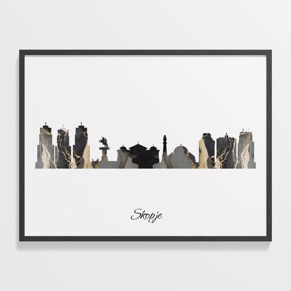 Skopje Macedonia Marble Skyline Black Gold Minimalist Cityscape Poster