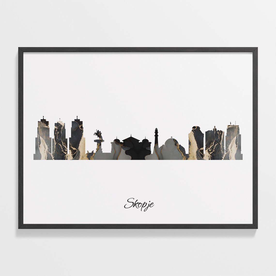 Skopje Macedonia Marble Skyline Black Gold Minimalist Cityscape Poster