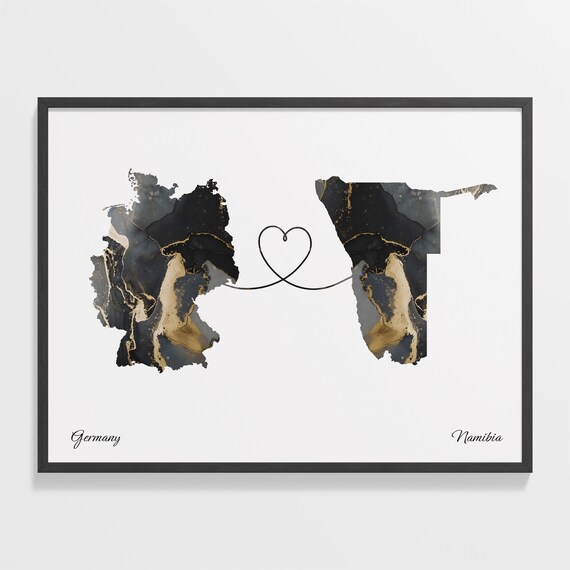 Germany and Namibia Black and Gold Marble Two Countries Map Poster