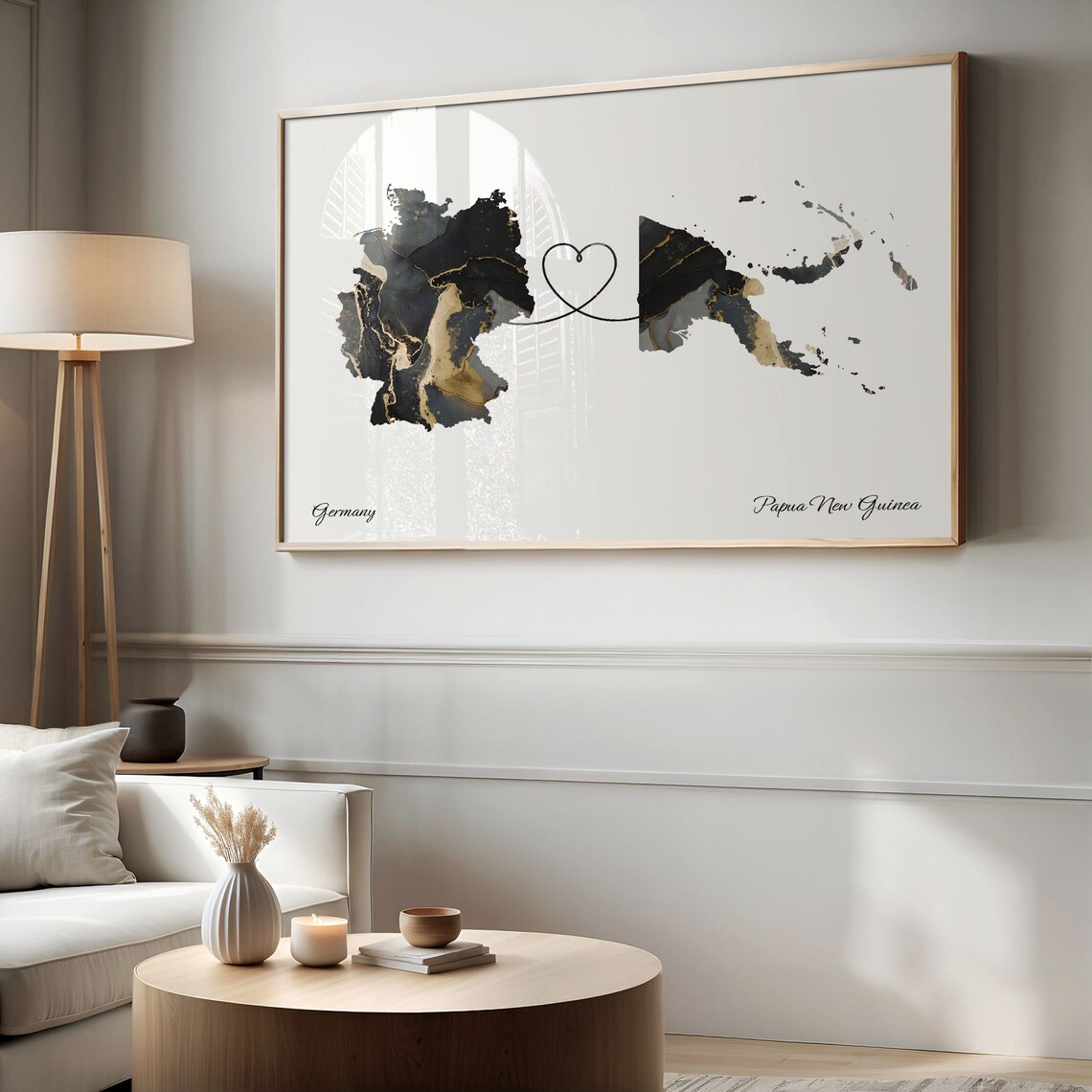 Germany to Papua New Guinea Black Gold Marble Heart Connection Map Poster - Image 2