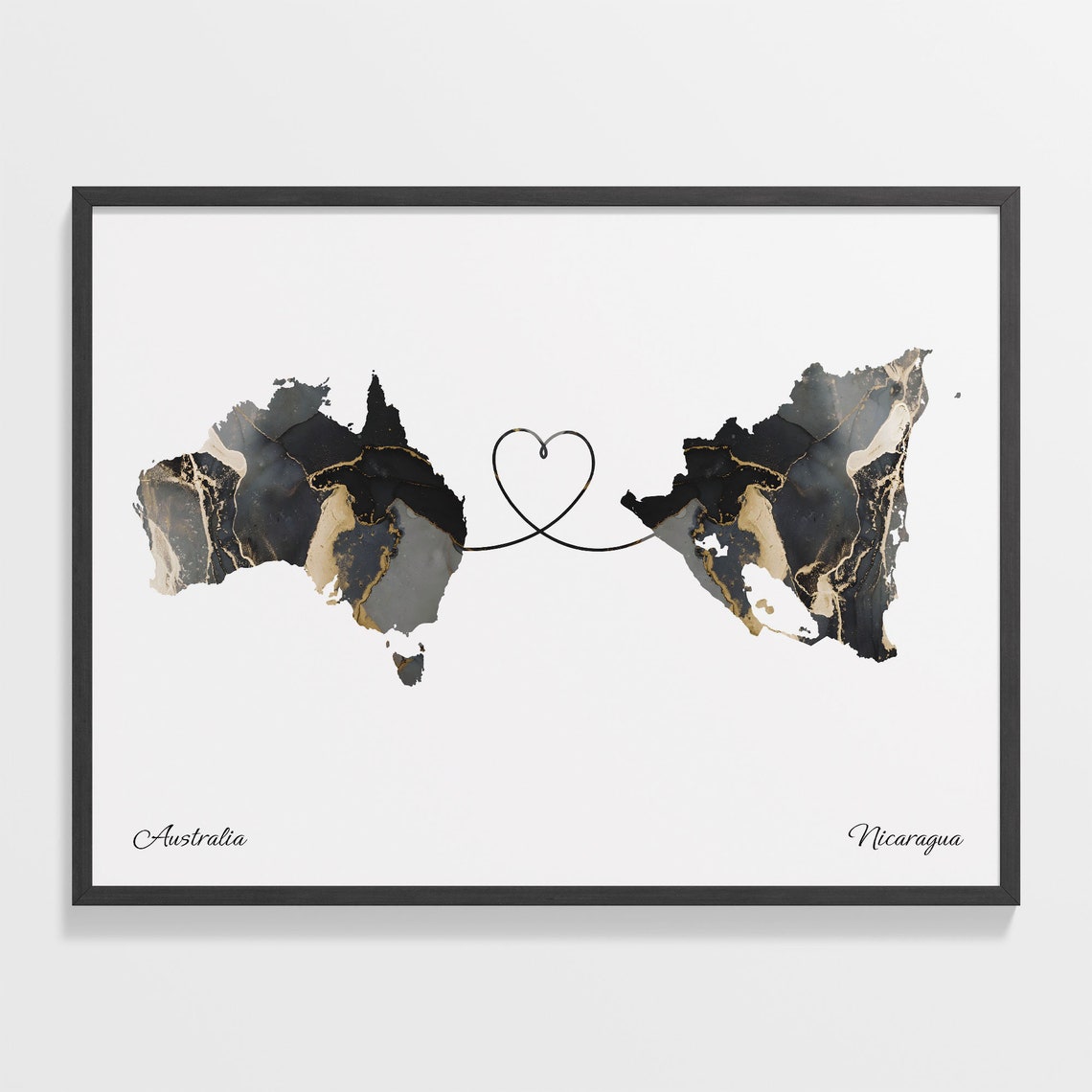 Australia and Nicaragua Black Gold Marble Map Heart Connection Poster