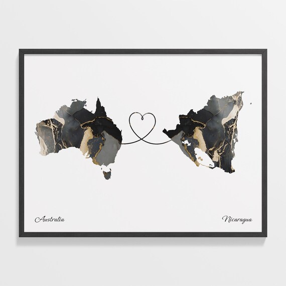 Australia and Nicaragua Black Gold Marble Map Heart Connection Poster
