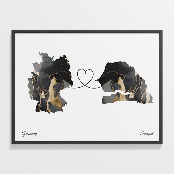 Germany to Senegal Black Gold Marble Heart Map Art Wall Poster