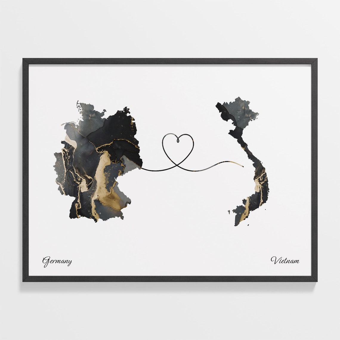 Germany To Vietnam Black Gold Marble Long Distance Heart Map Poster