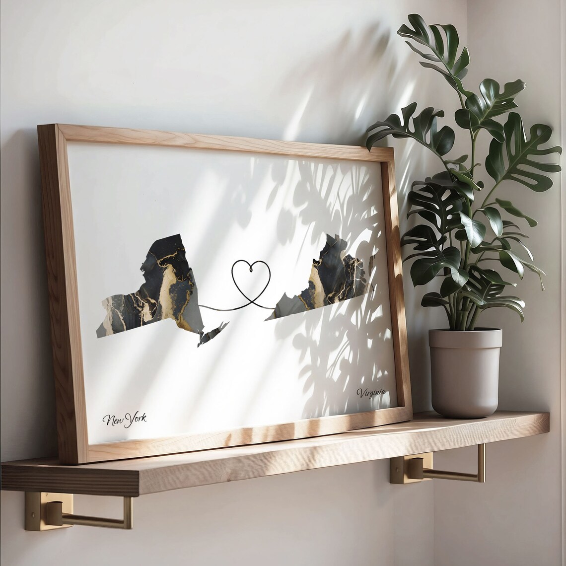 New York Virginia Marble State Map Poster Heart Line Long Distance Gift - Image 3