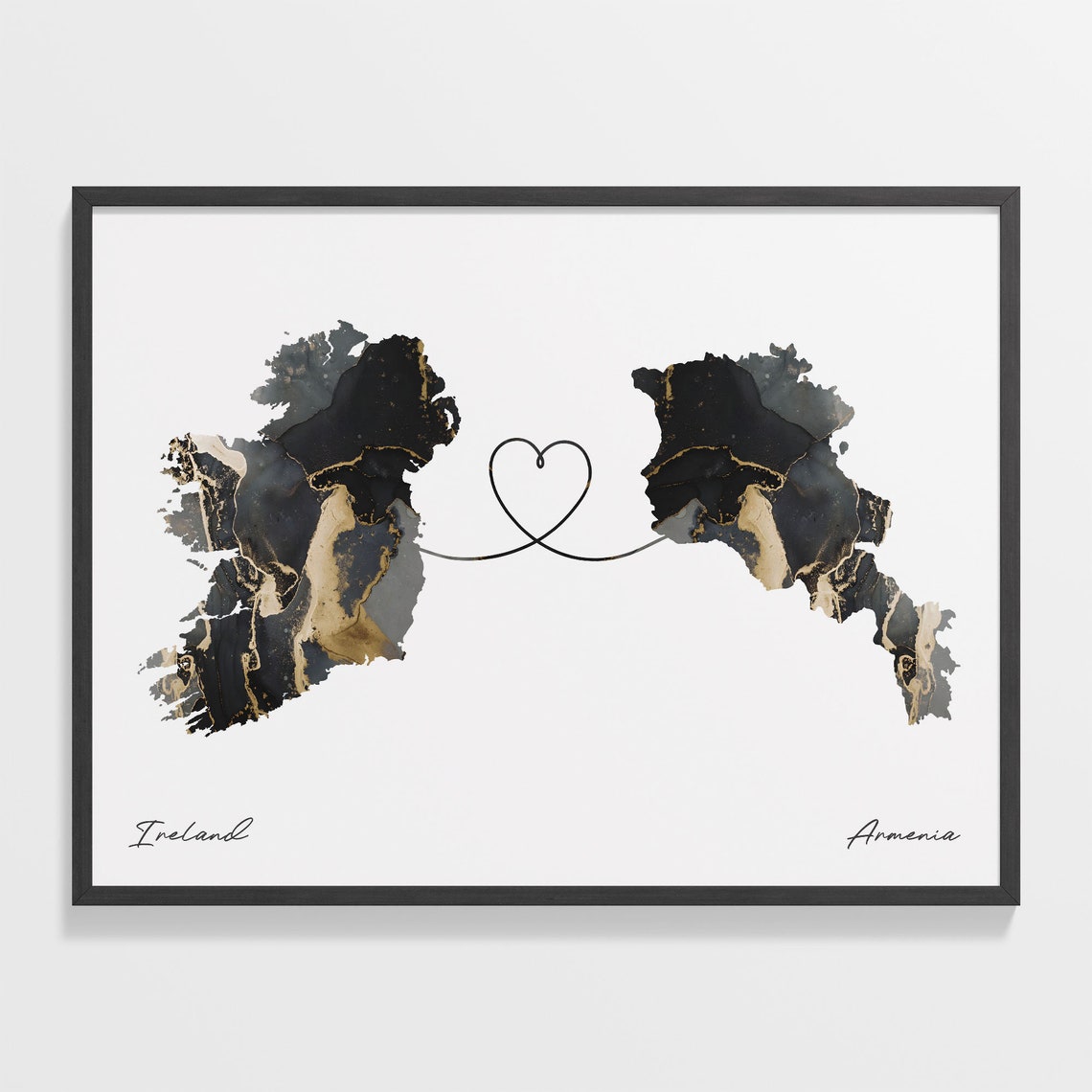 Ireland To Armenia Heart Connected Black Marble Country Map Poster