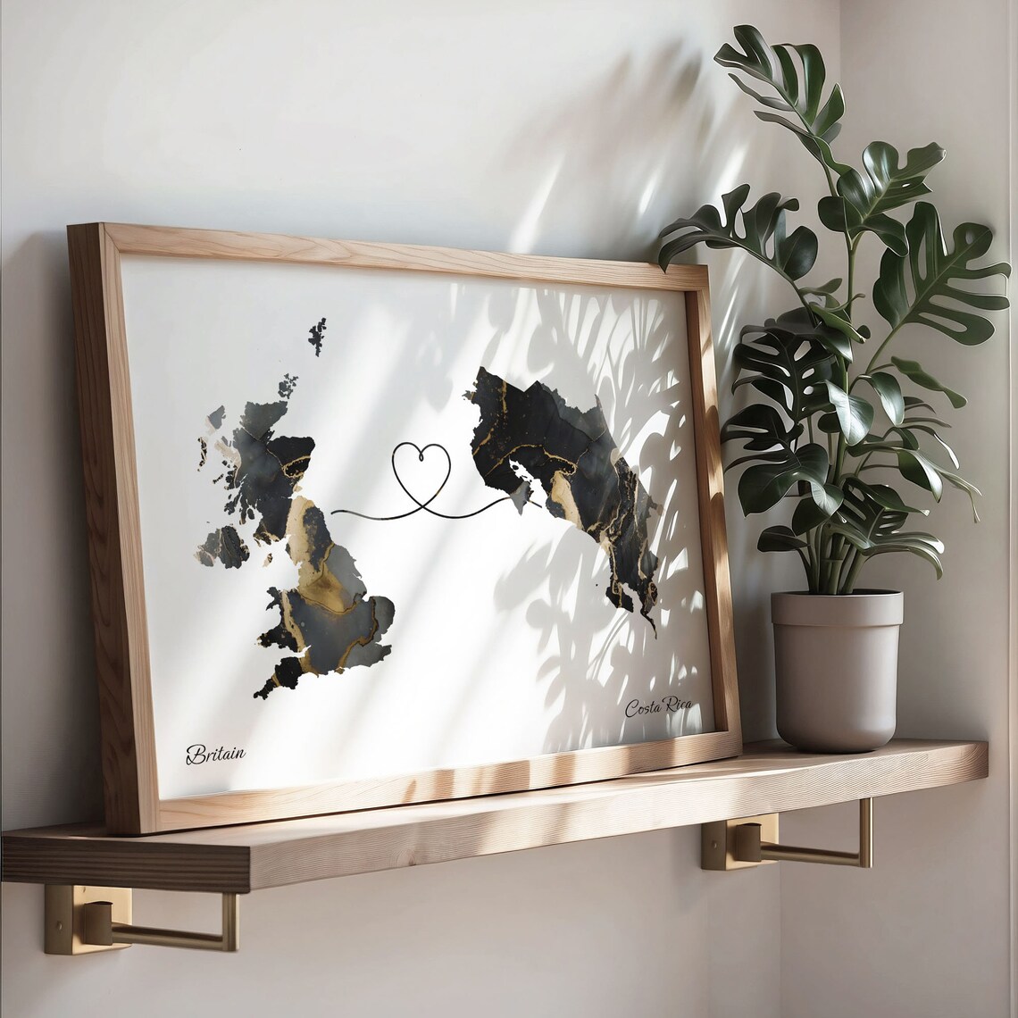 Britain to Costa Rica Heart Connected Long Distance Marble Map Poster - Image 3