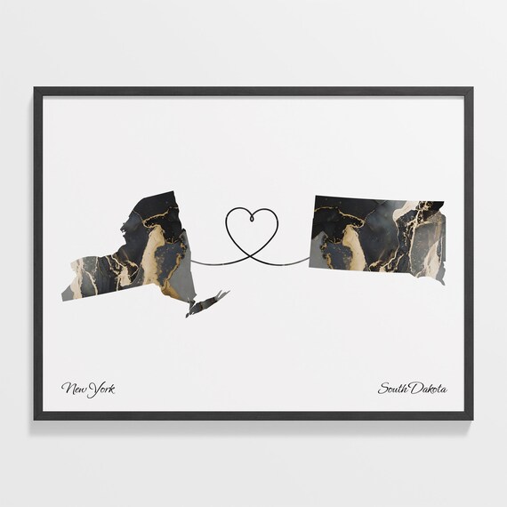 New York South Dakota Marble State Map Poster Long Distance Couples Gift