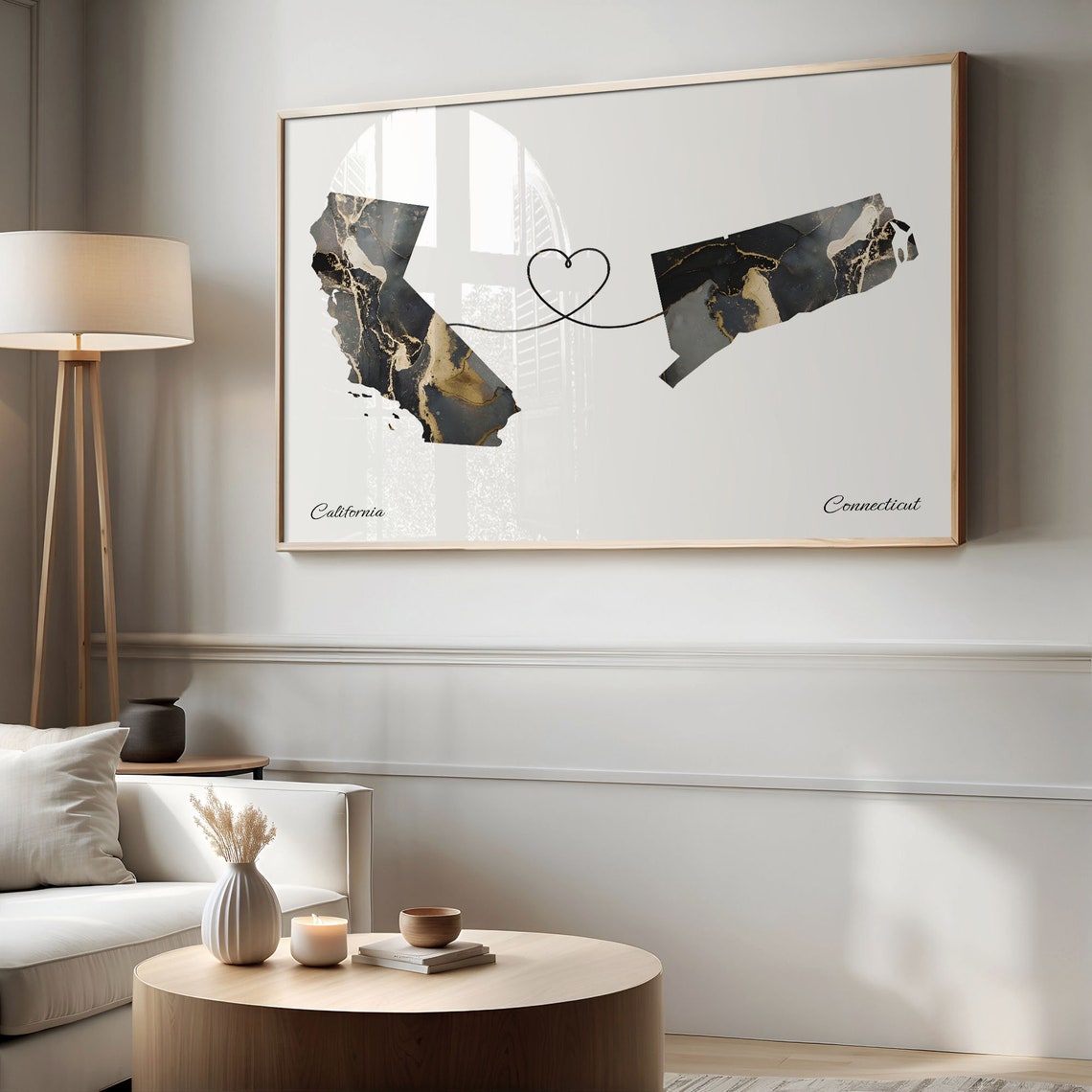 California to Connecticut Black Gold Marble Map Heart Line Art Poster - Image 2
