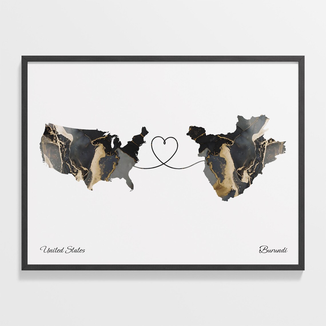 United States To Burundi Heart Linked Marble Map Love Connection Poster