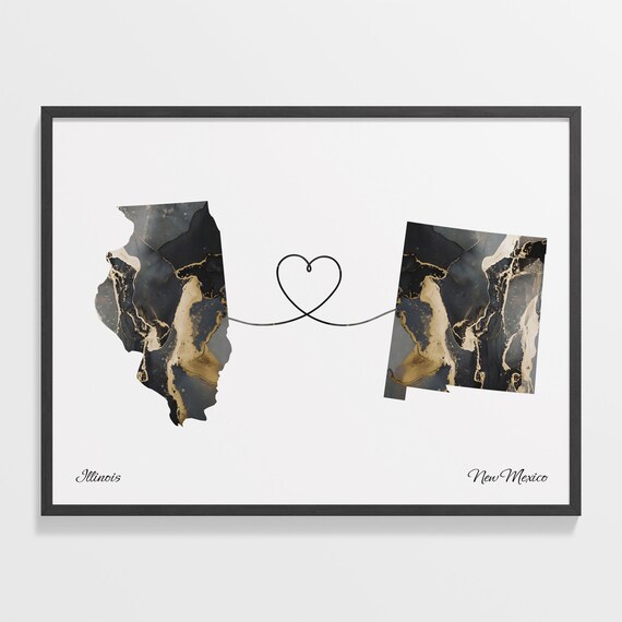 Illinois to New Mexico Black Gold Marble Map Heart Connection Poster