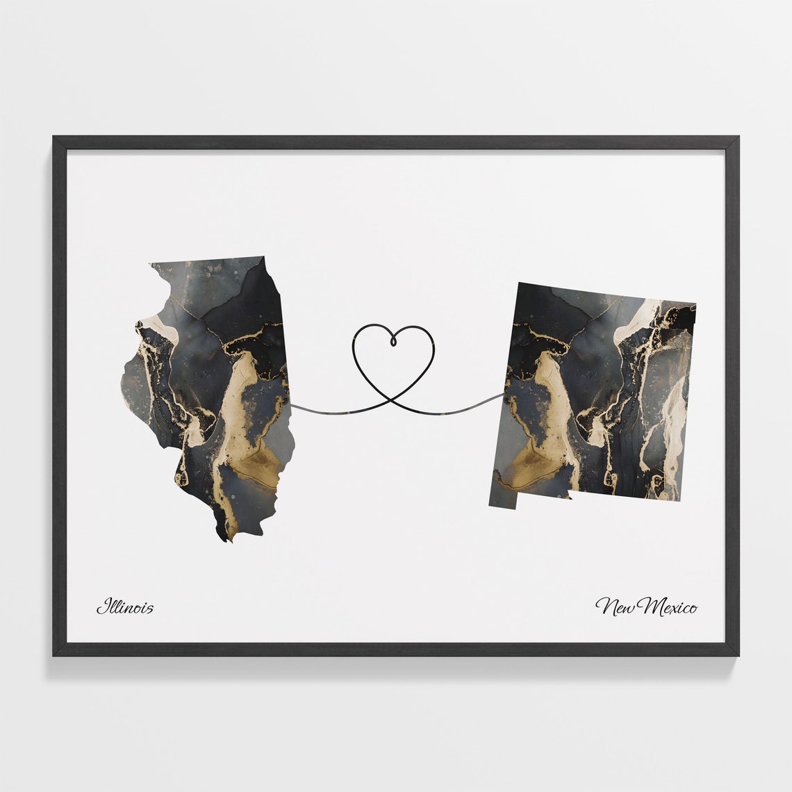 Illinois to New Mexico Black Gold Marble Map Heart Connection Poster