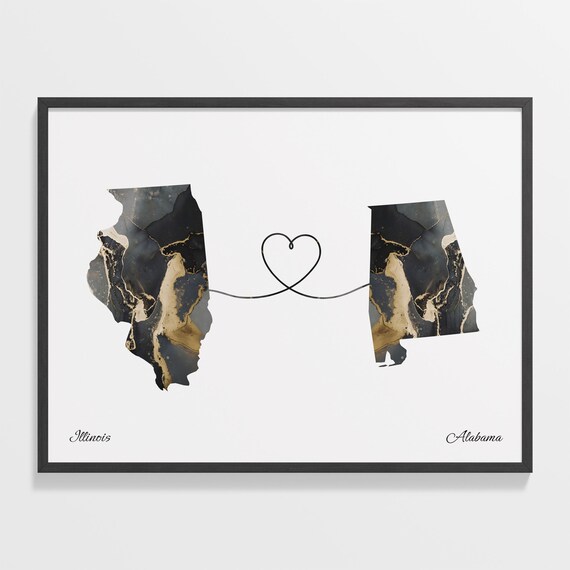 Illinois to Alabama Black Gold Marble Map Heart Connection Poster