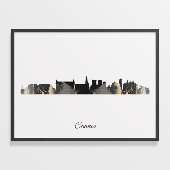 Cannes France Black Gold Marble Skyline Silhouette City Print