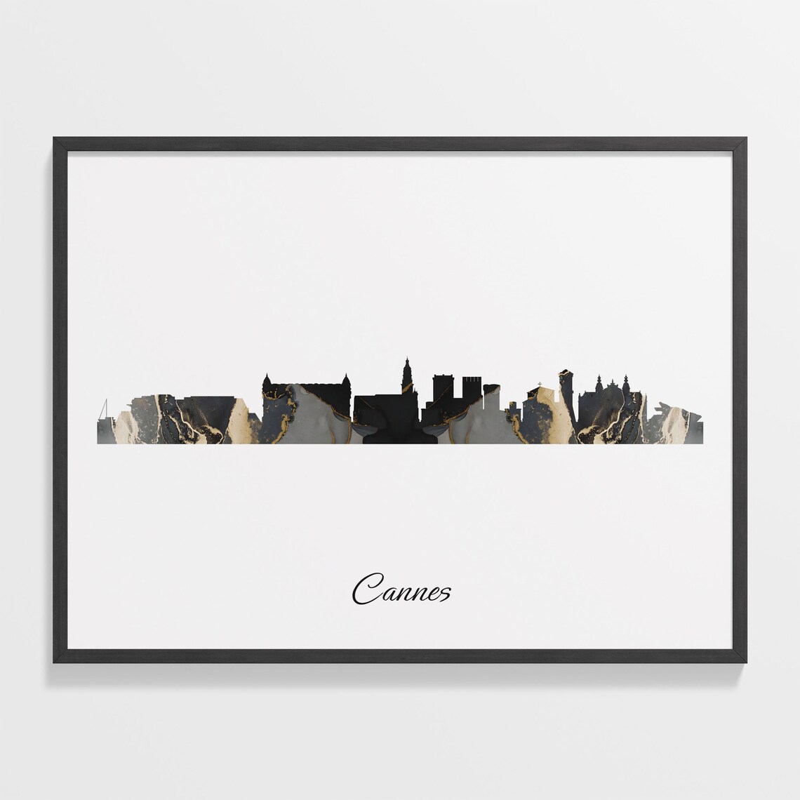 Cannes France Black Gold Marble Skyline Silhouette City Print