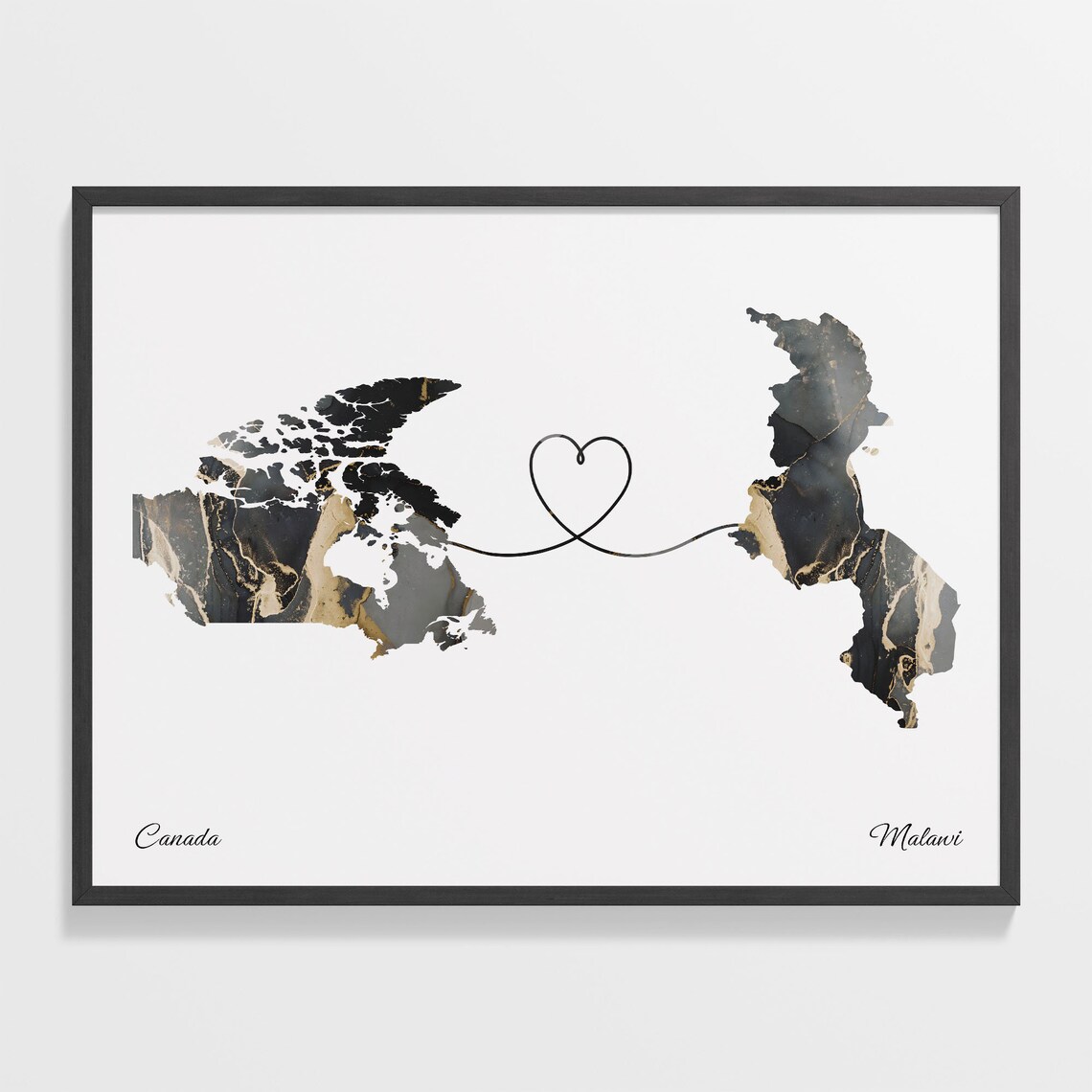 Canada To Malawi Marble Heart Map Two Country Long Distance Gift Poster